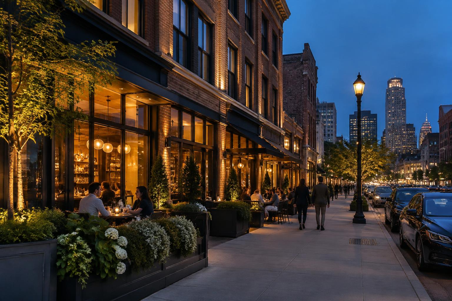 Midtown Detroit restaurant blocks at dusk