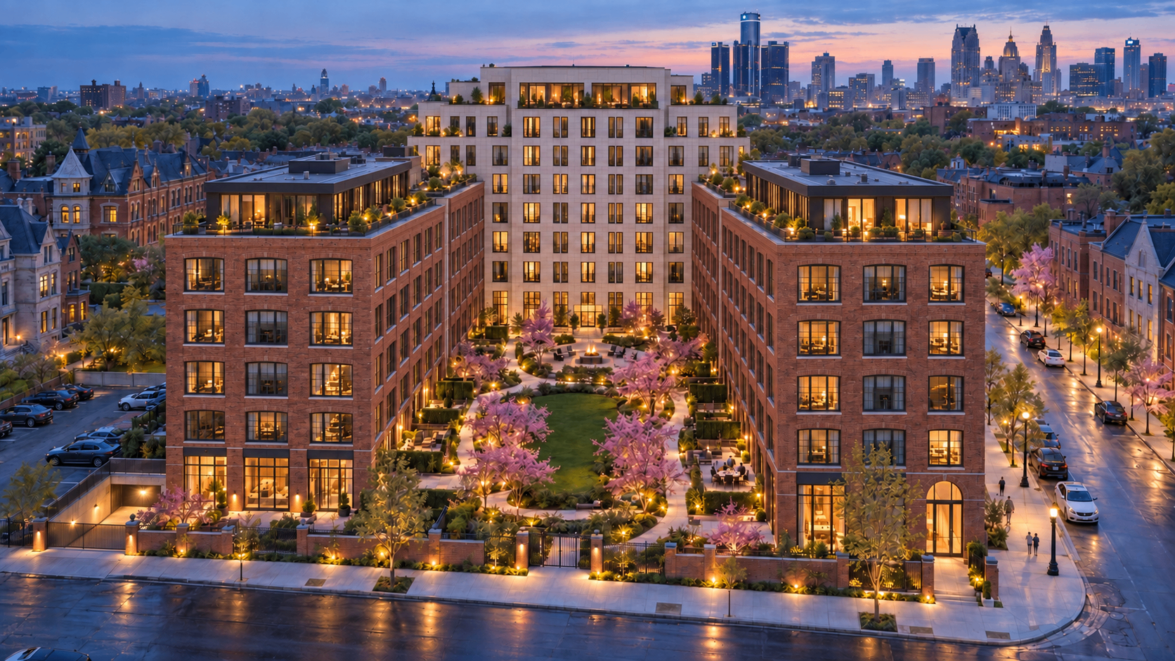 ARDEN at blue hour, viewed south from the alley across the courtyard